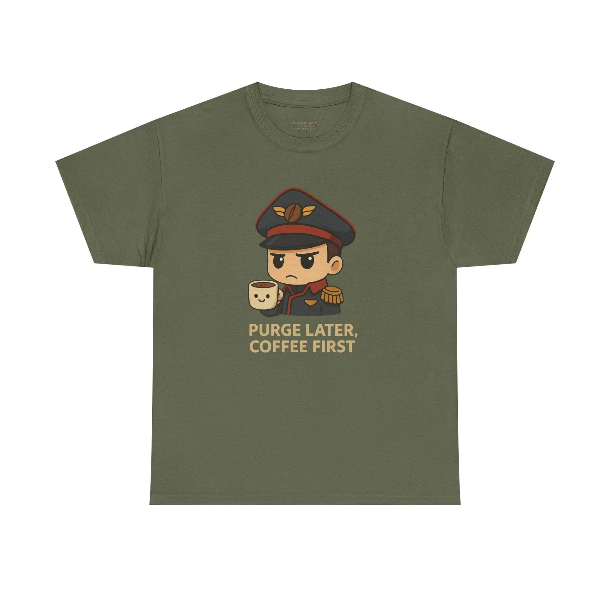 Grimdark Coffee Tee – Purge Later, Coffee First Printify