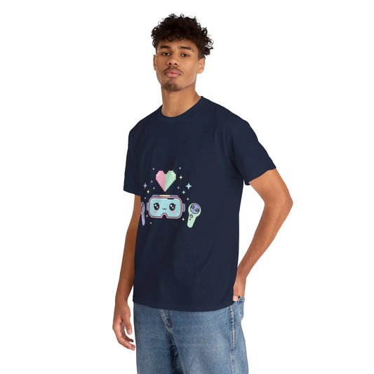 Person wearing a navy blue t-shirt with a graphic design on a white background