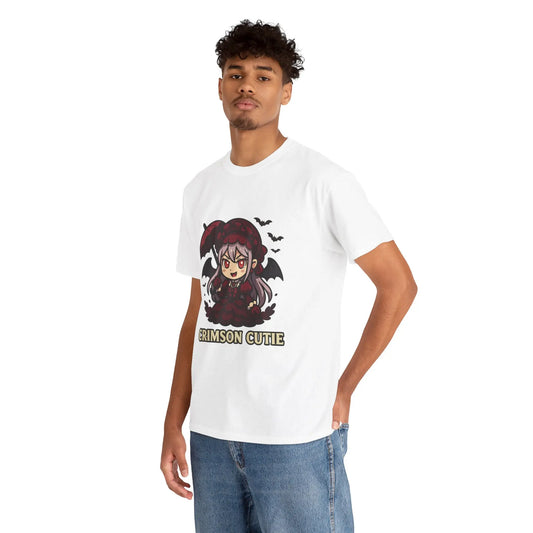 Person wearing a white t-shirt with an anime character graphic and text on a white background