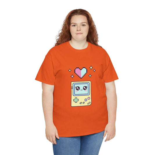 Person wearing an orange t-shirt with a pixelated game console design on a white background