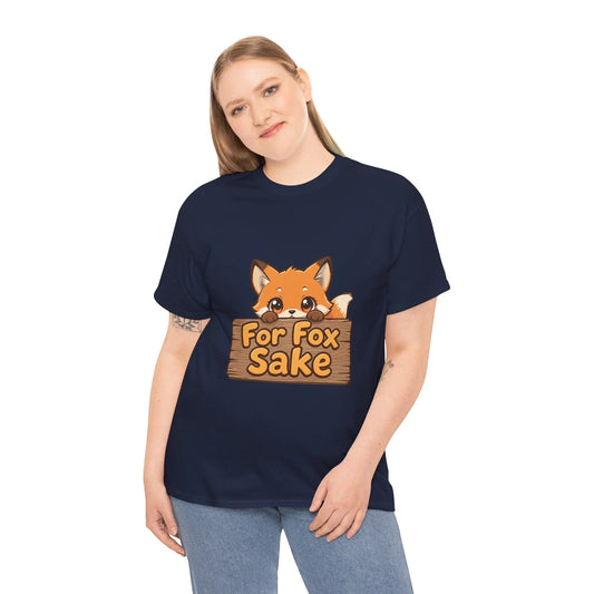 Person wearing a navy blue t-shirt with a fox graphic and text on a white background