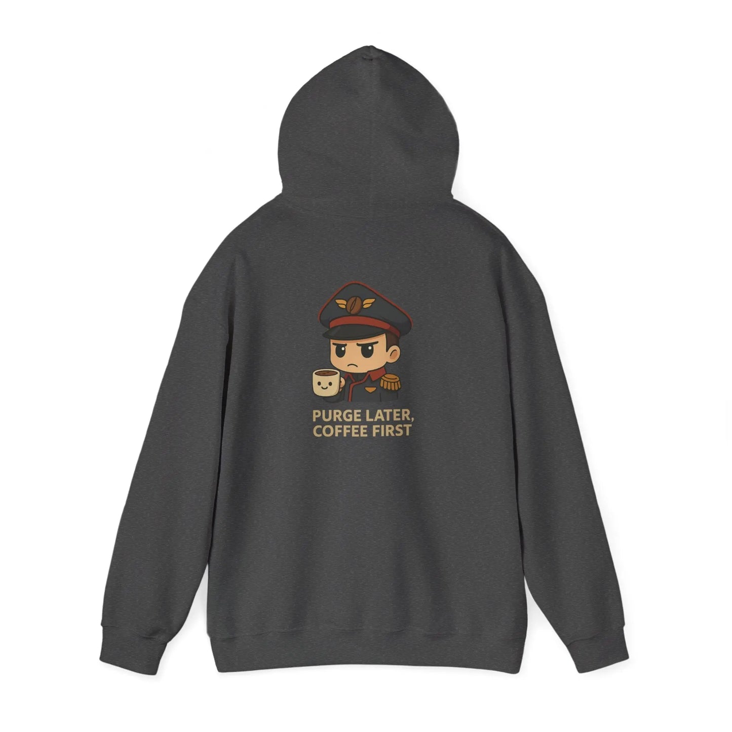 Grimdark Coffee Heavy Blend Hoodie – Purge Later, Coffee First Printify