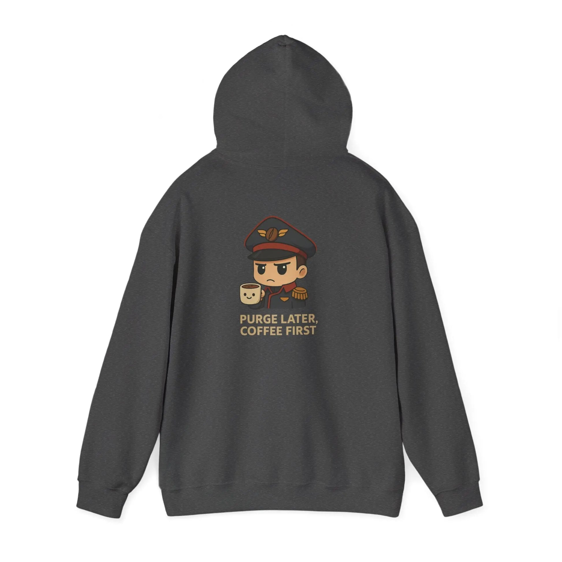 Grimdark Coffee Heavy Blend Hoodie – Purge Later, Coffee First Printify