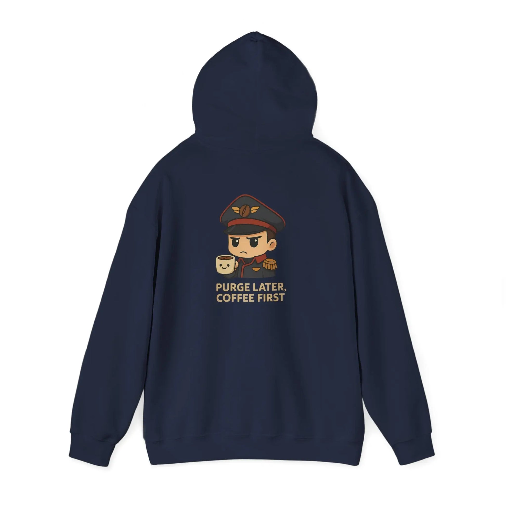 Grimdark Coffee Heavy Blend Hoodie – Purge Later, Coffee First Printify