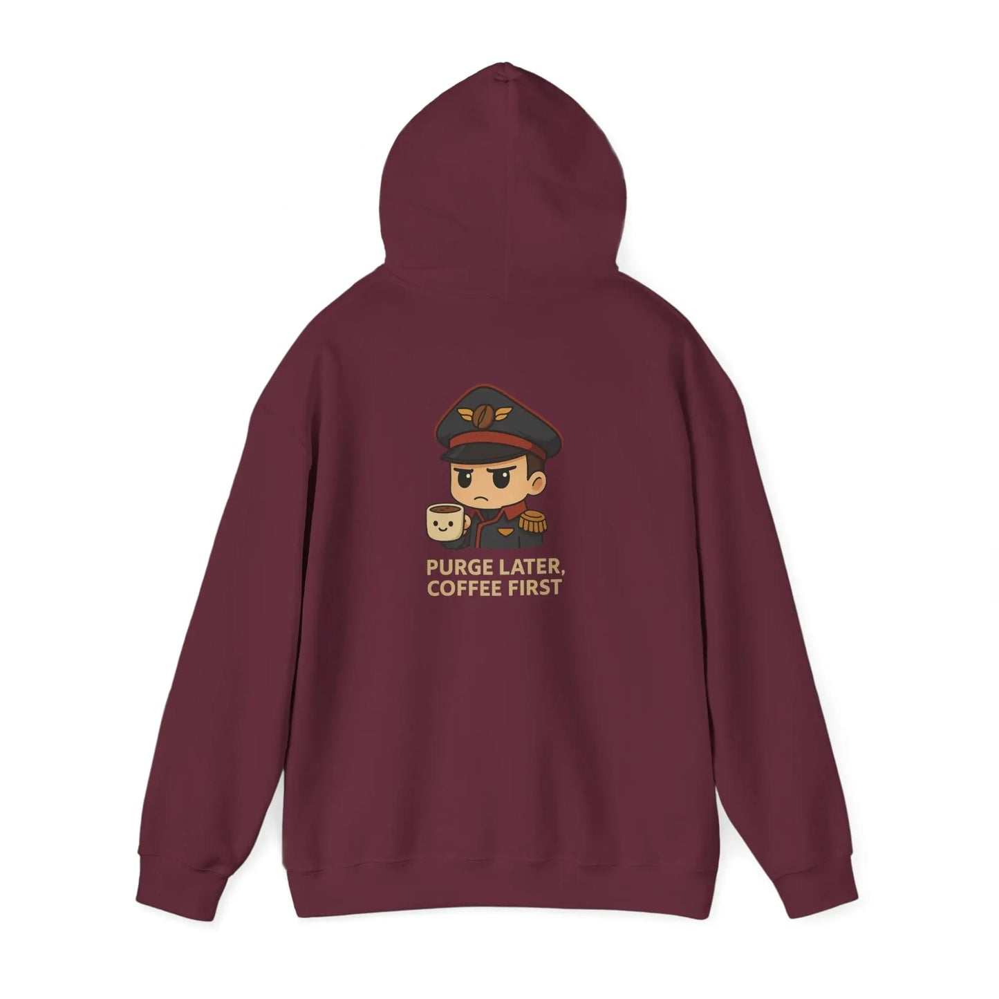 Grimdark Coffee Heavy Blend Hoodie – Purge Later, Coffee First Printify