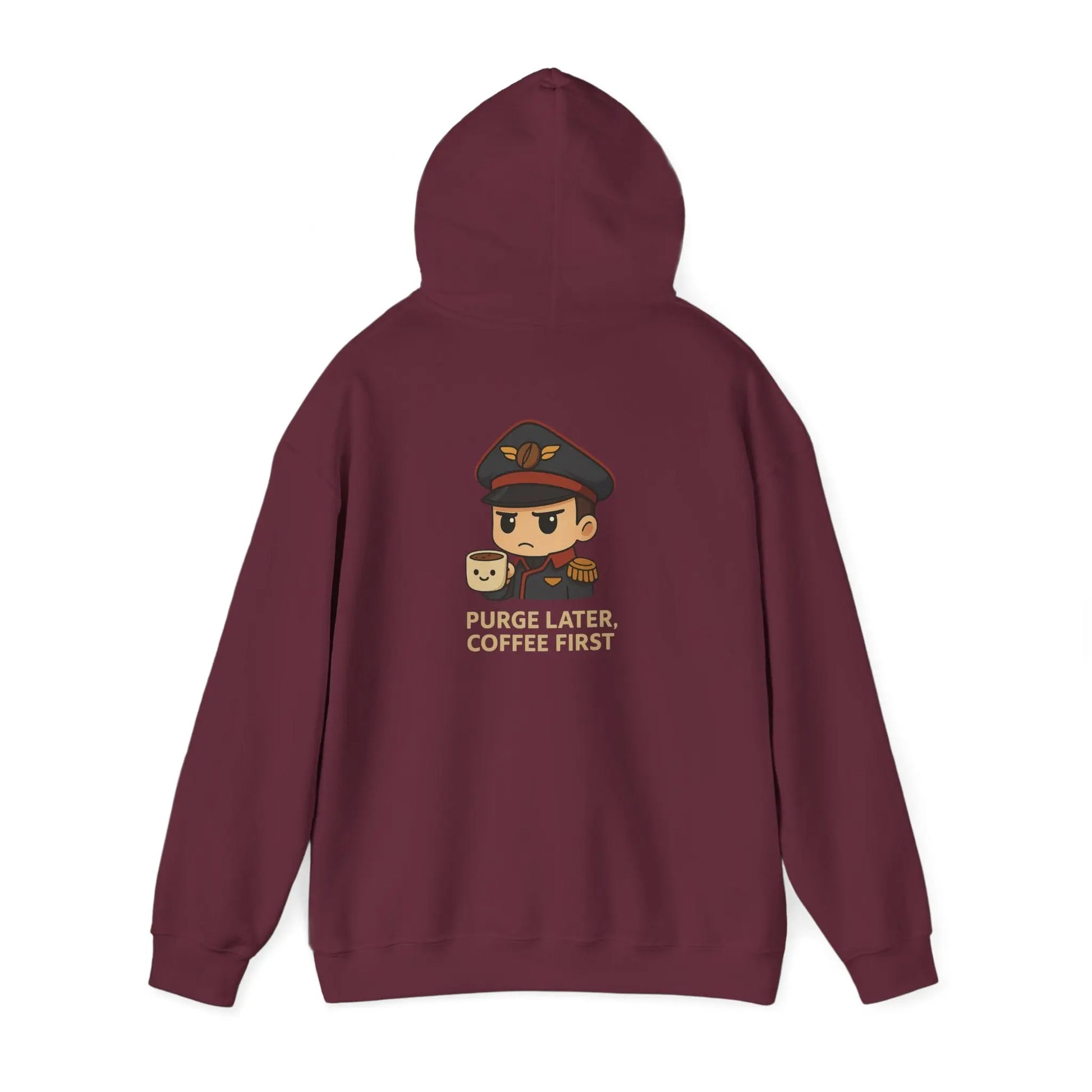 Grimdark Coffee Heavy Blend Hoodie – Purge Later, Coffee First Printify