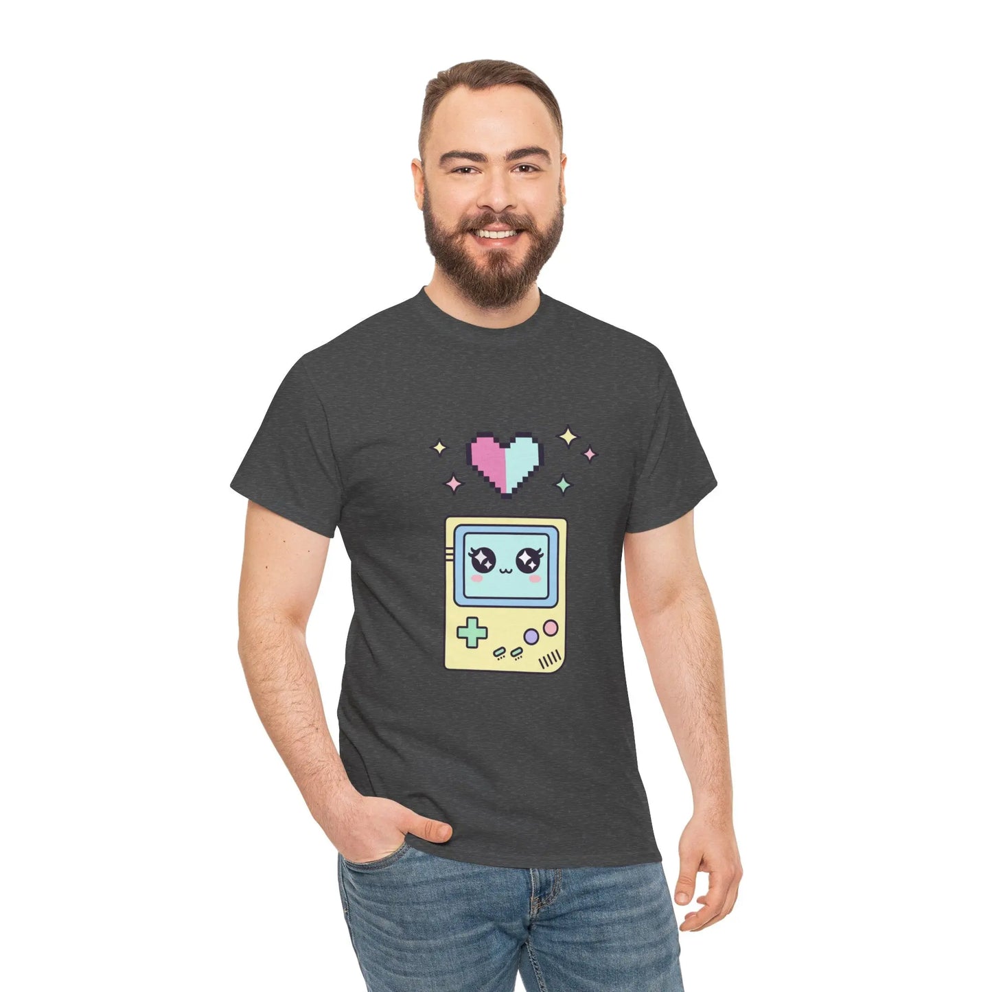 Man wearing a dark gray t-shirt with a graphic design of a vintage game console and heart on a white background