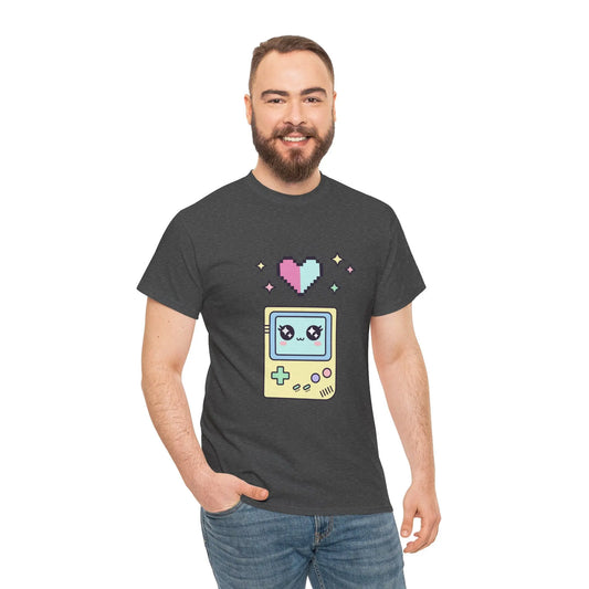 Man wearing a dark gray t-shirt with a graphic design of a vintage game console and heart on a white background