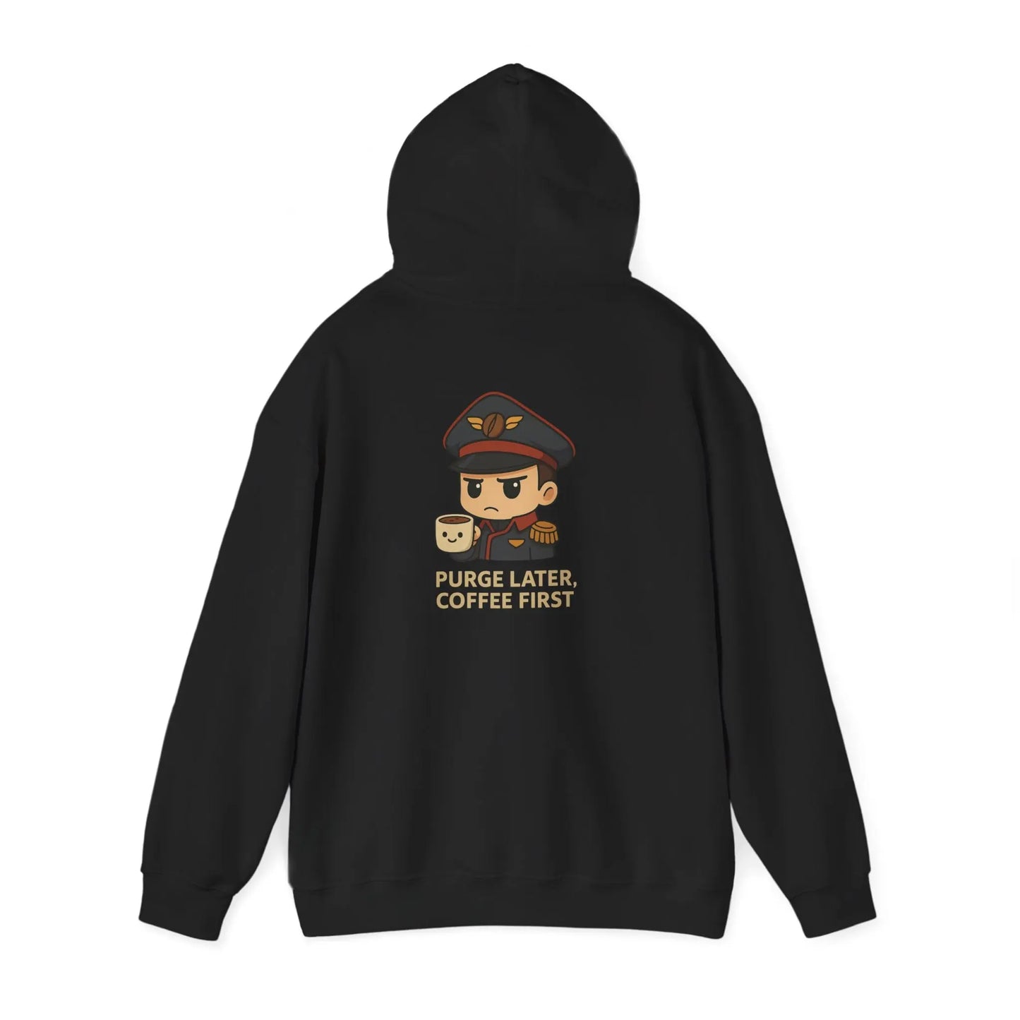 Grimdark Coffee Heavy Blend Hoodie – Purge Later, Coffee First Printify
