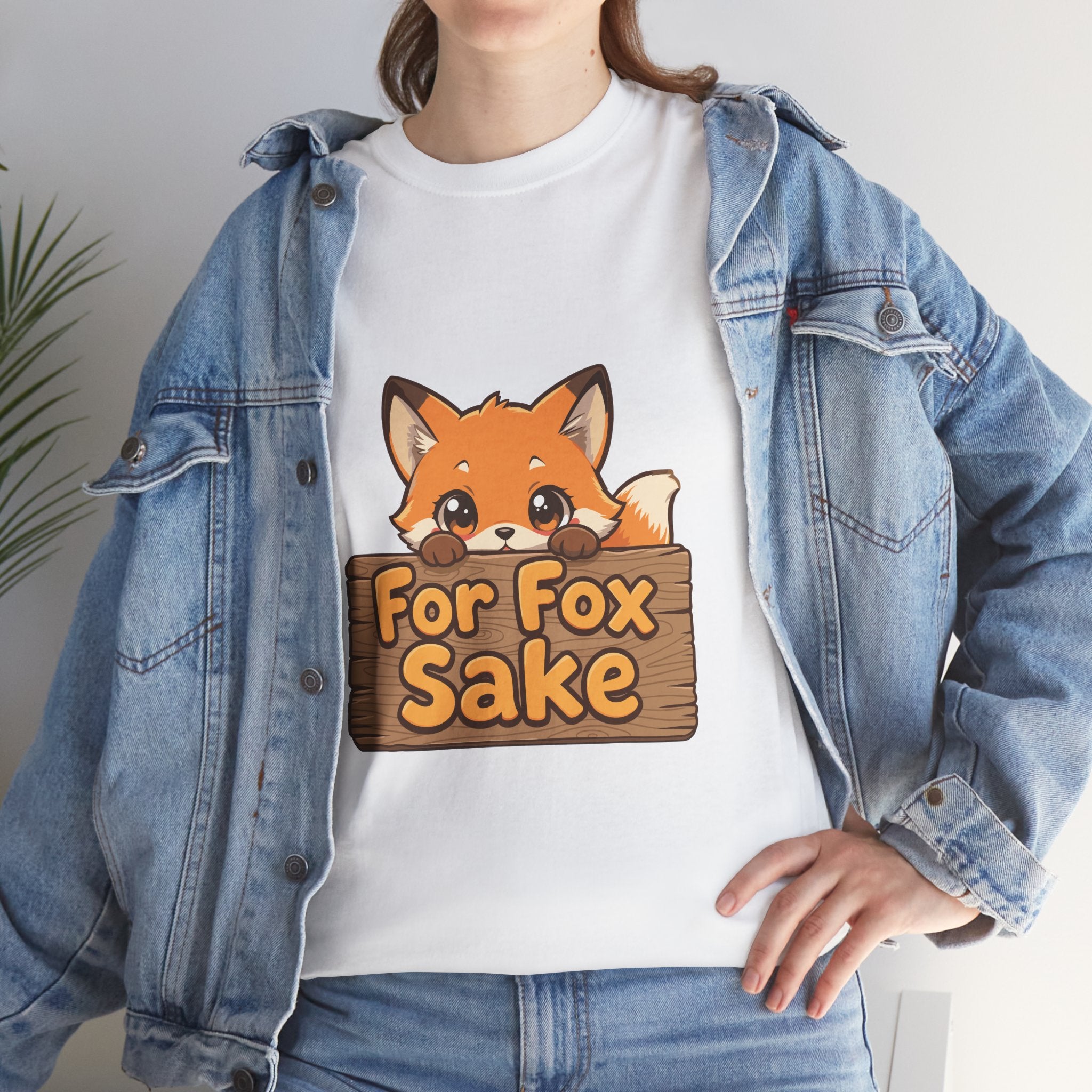 Person wearing a white t-shirt with a fox graphic and 'For Fox Sake' text, paired with a denim jacket.