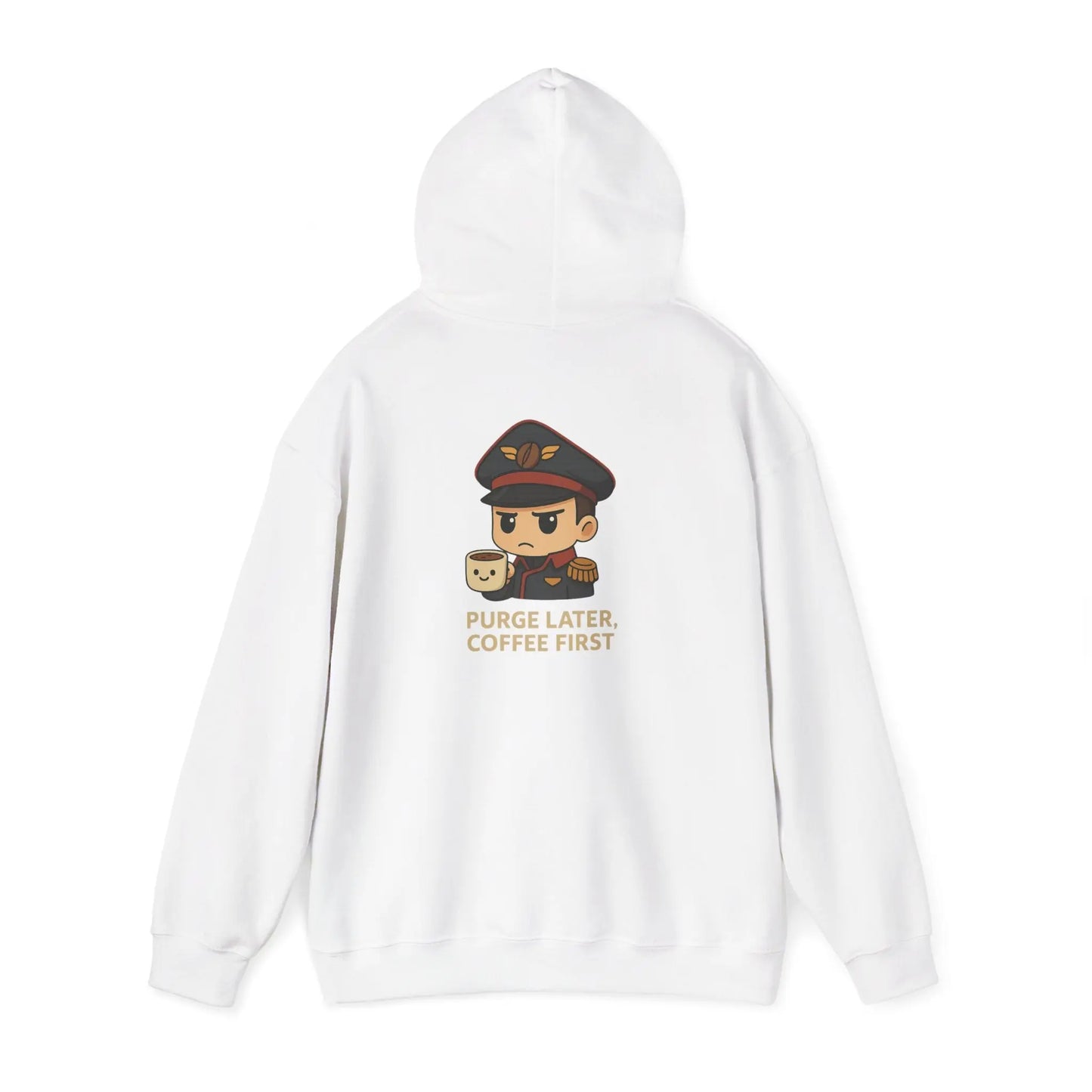 Grimdark Coffee Heavy Blend Hoodie – Purge Later, Coffee First Printify