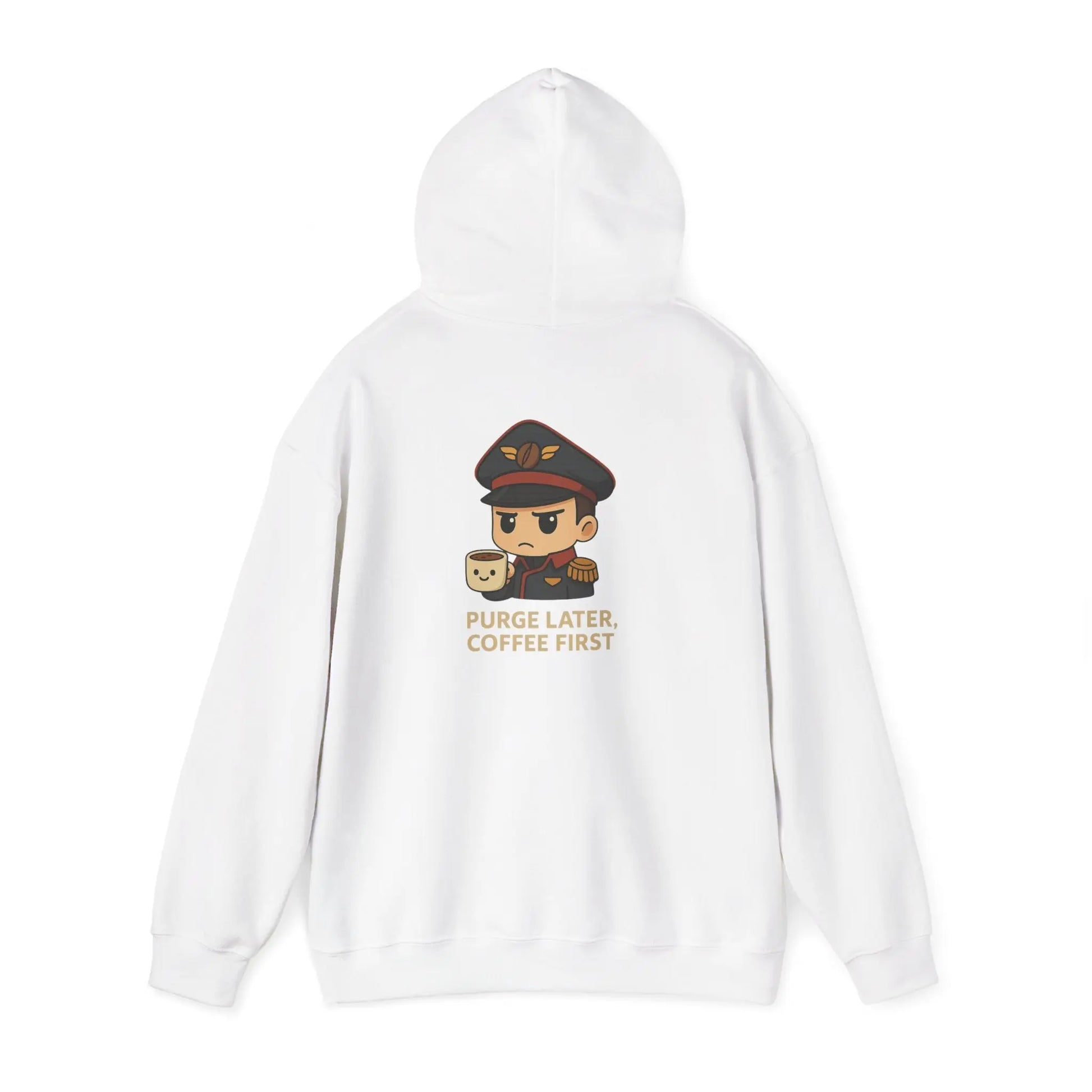 Grimdark Coffee Heavy Blend Hoodie – Purge Later, Coffee First Printify