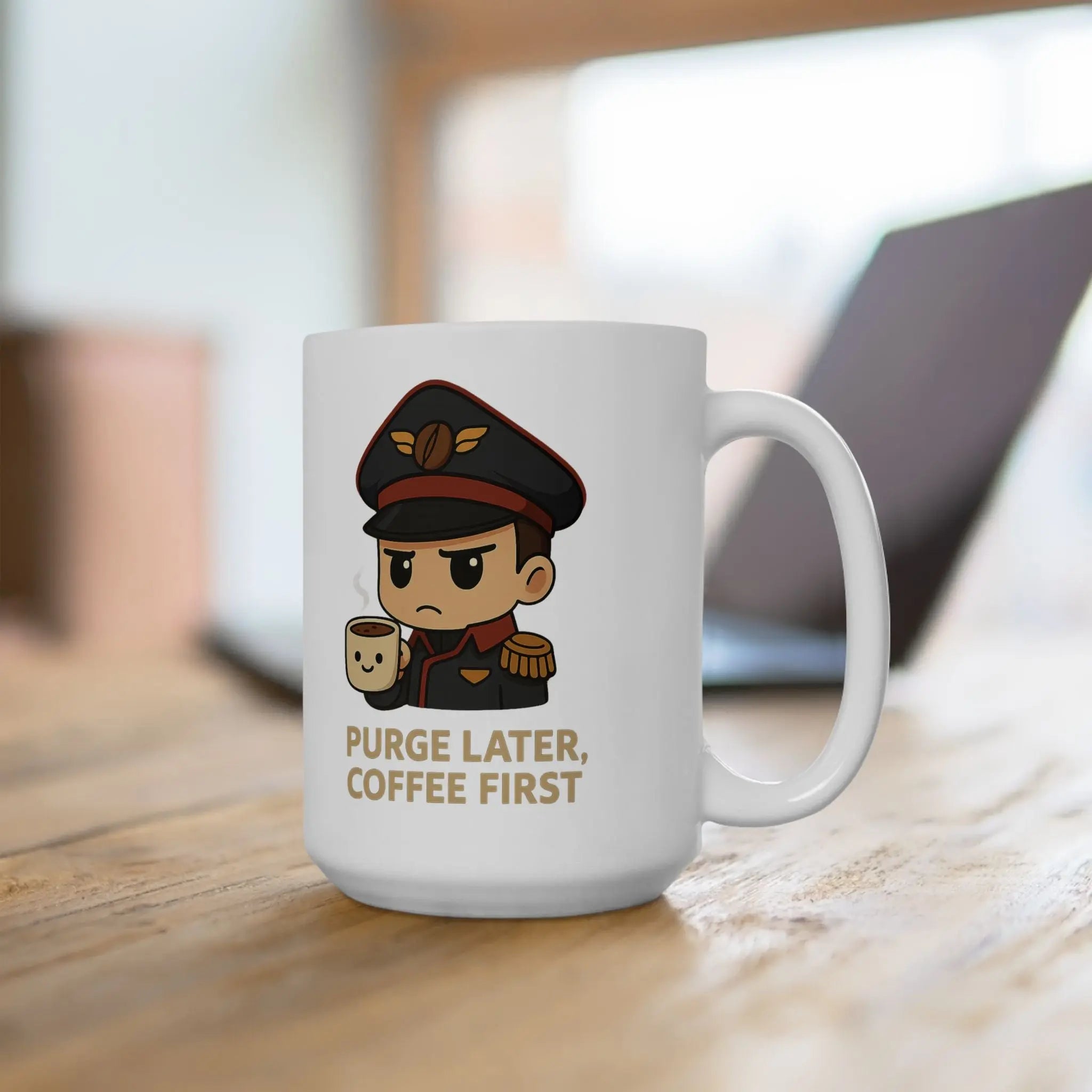 White mug with a cartoon character and text 'Purge Later, Coffee First' on a wooden surface.