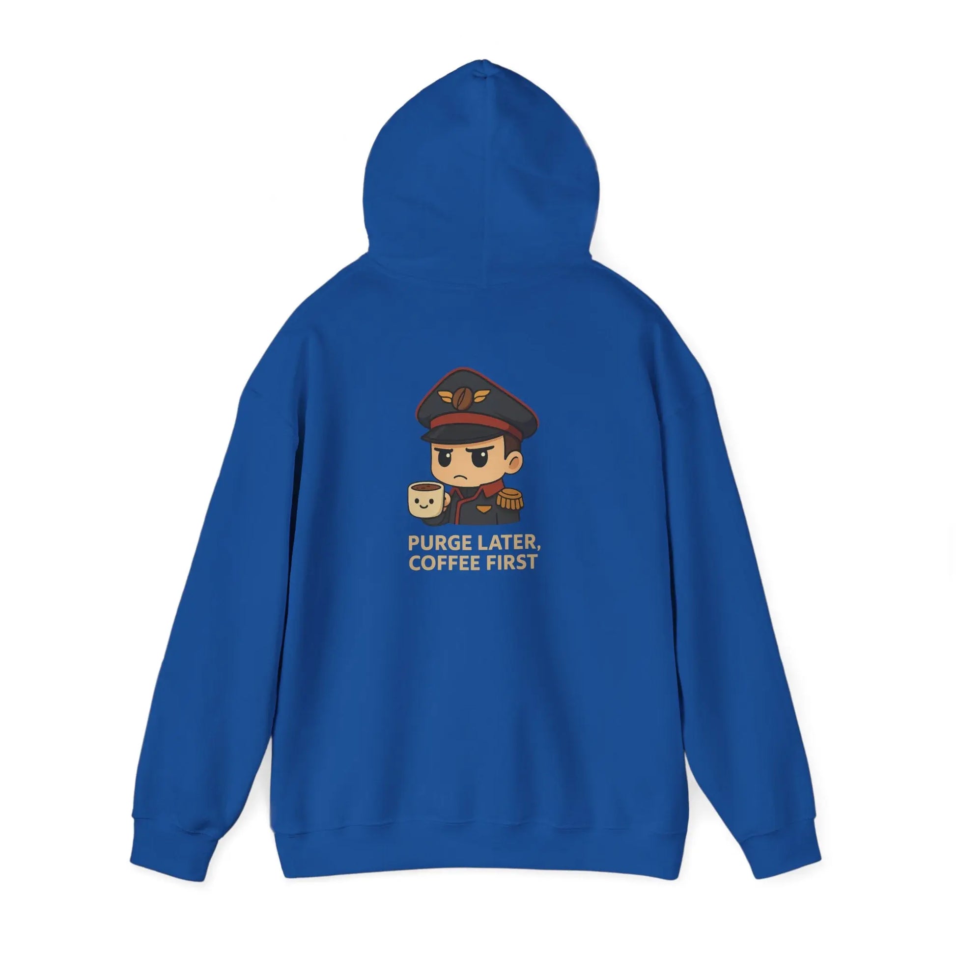 Grimdark Coffee Heavy Blend Hoodie – Purge Later, Coffee First Printify