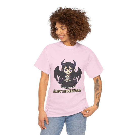 Person wearing a pink t-shirt with a graphic design and text on a white background