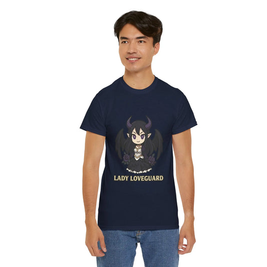 Person wearing a navy blue t-shirt with 'Lady Loveguard' design on a white background