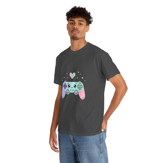 Person wearing a dark gray t-shirt with a colorful gaming controller graphic on a white background