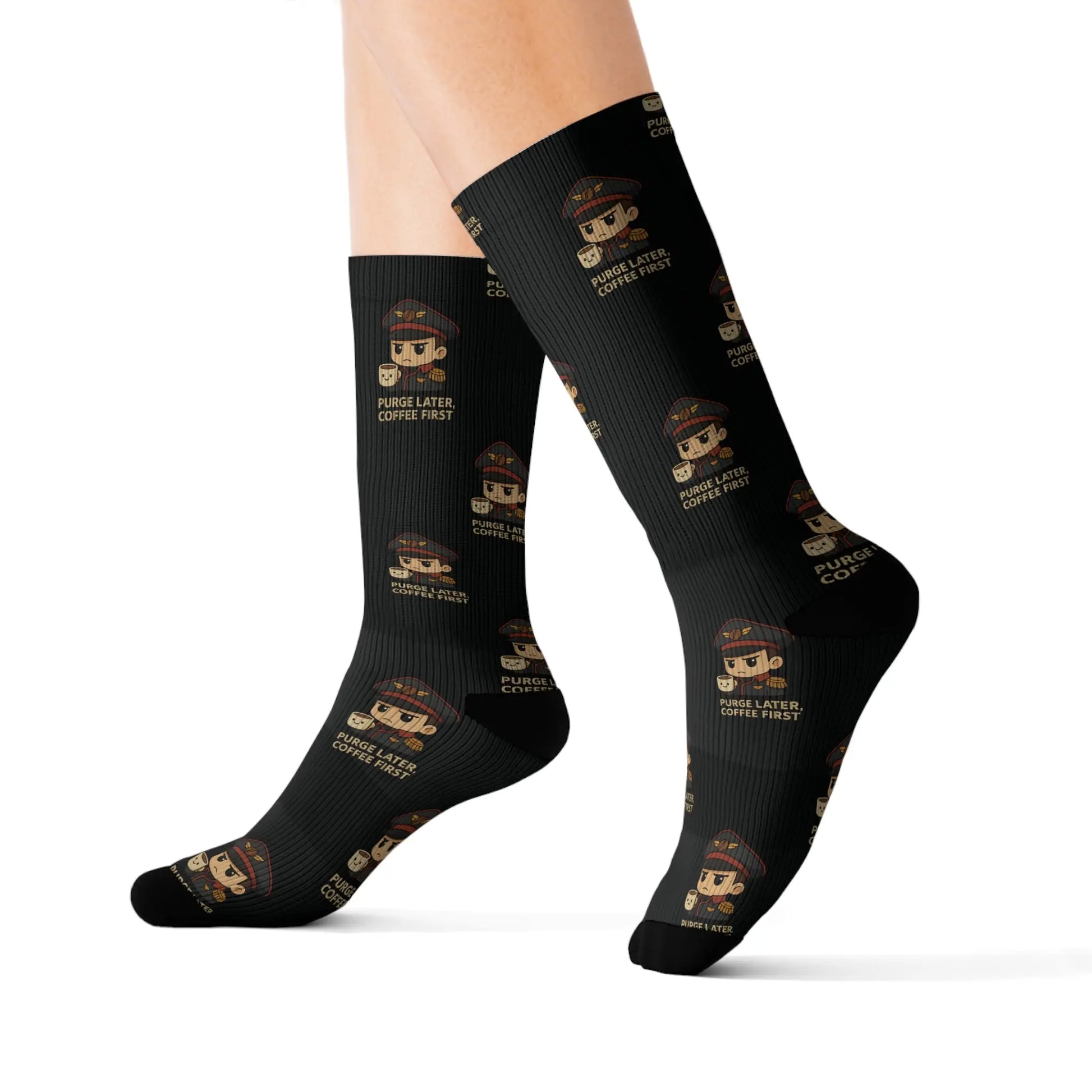 Black socks with cartoon character design on a white background