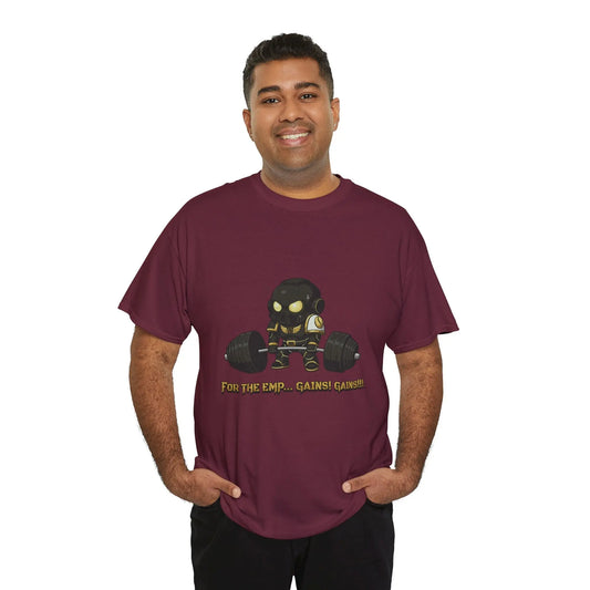 Man wearing a maroon t-shirt with a graphic design on a white background