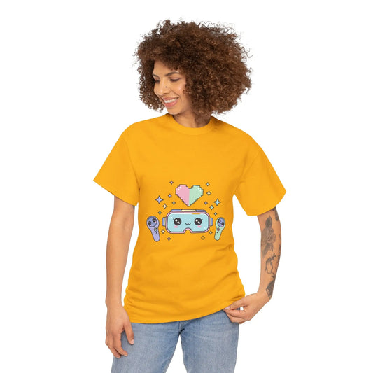 Person wearing a yellow t-shirt with a colorful graphic design on a white background