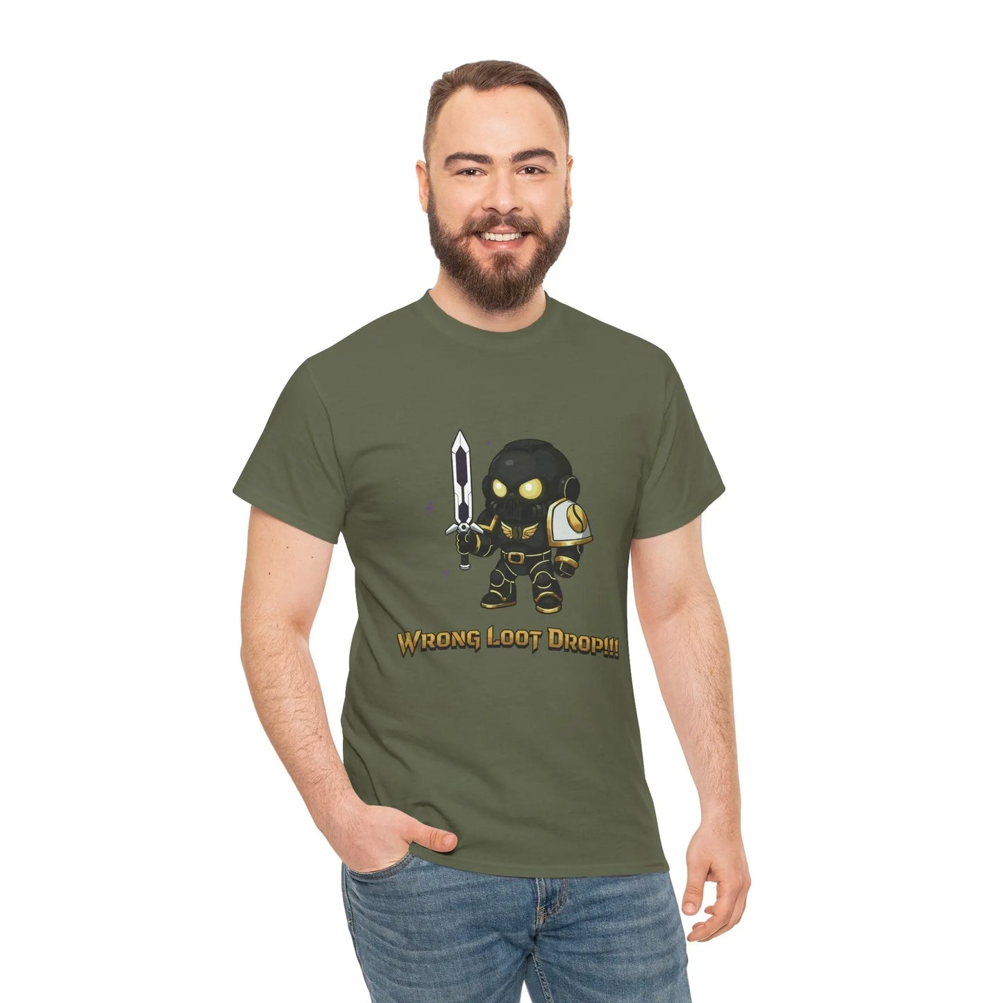 Man wearing a green t-shirt with a graphic design and text on a white background