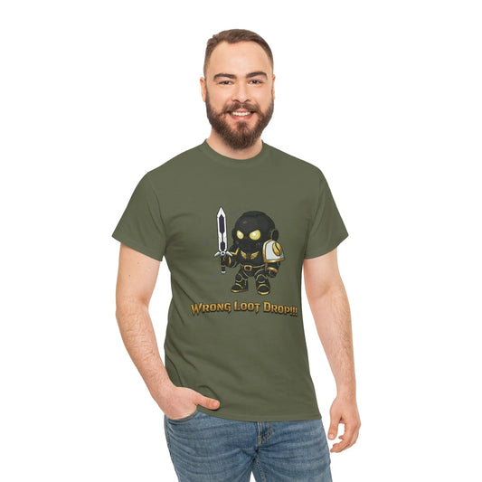Man wearing a green t-shirt with a graphic design and text on a white background