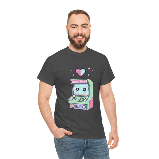 Man wearing a dark gray t-shirt with a cute arcade machine graphic on a white background