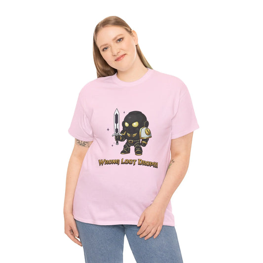 Person wearing a pink t-shirt with a graphic design and text on a white background