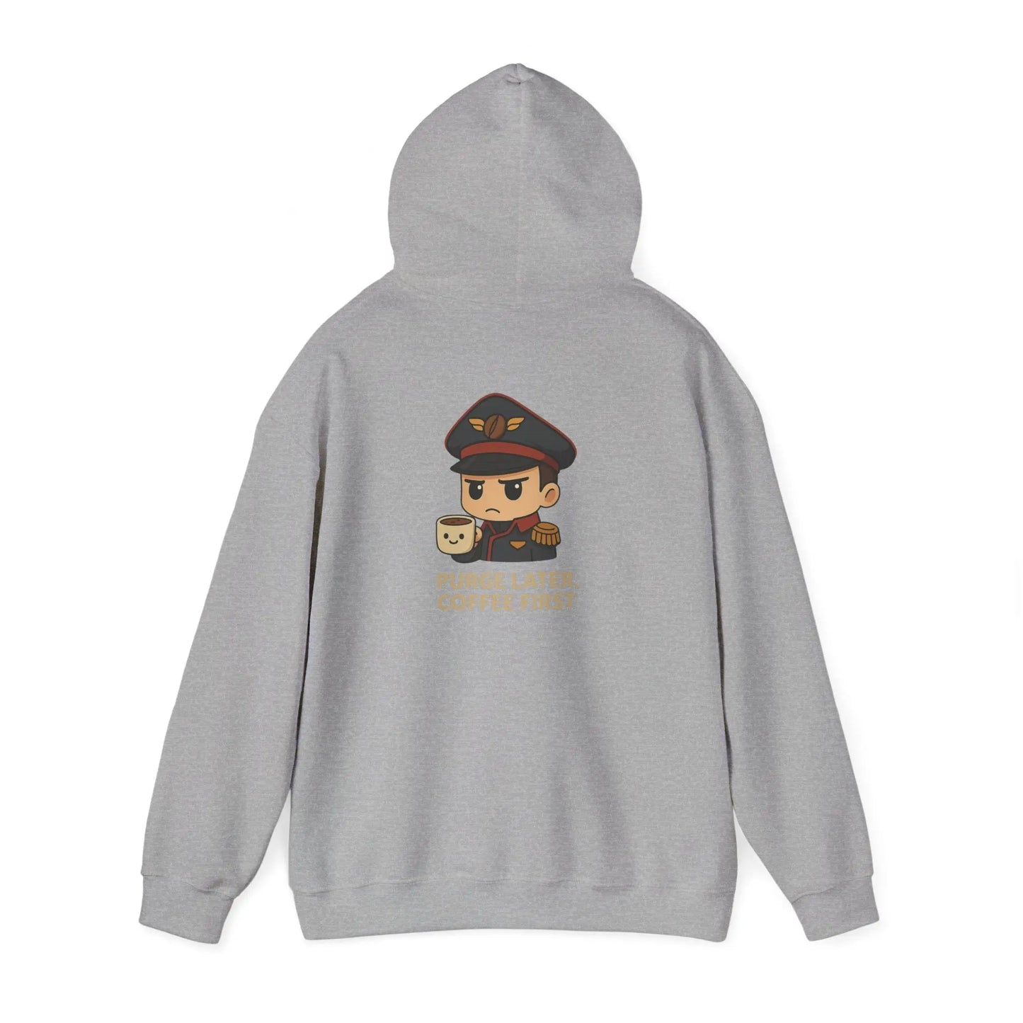 Grimdark Coffee Heavy Blend Hoodie – Purge Later, Coffee First Printify