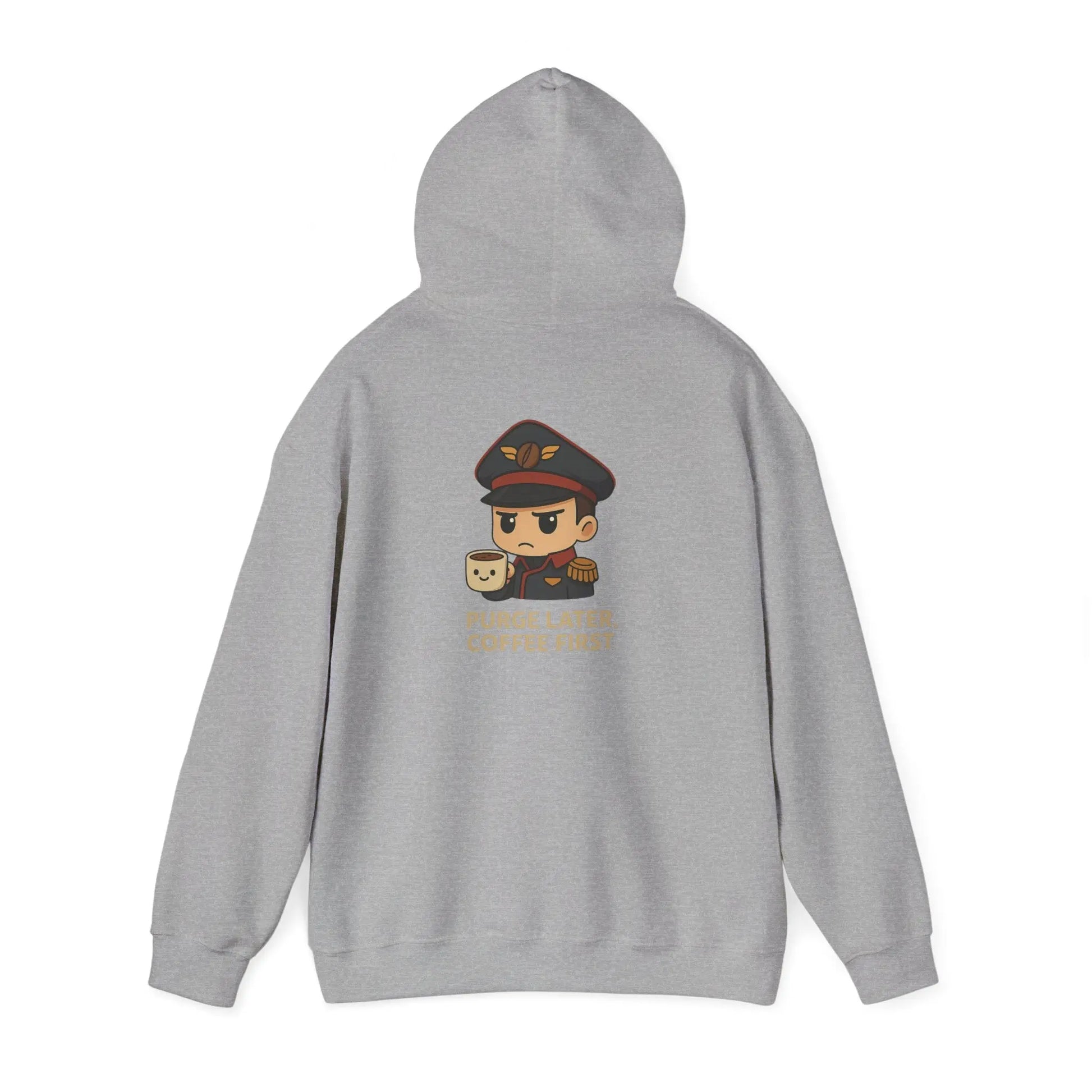 Grimdark Coffee Heavy Blend Hoodie – Purge Later, Coffee First Printify
