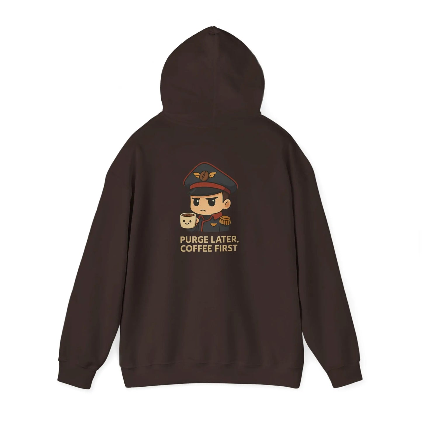 Grimdark Coffee Heavy Blend Hoodie – Purge Later, Coffee First Printify