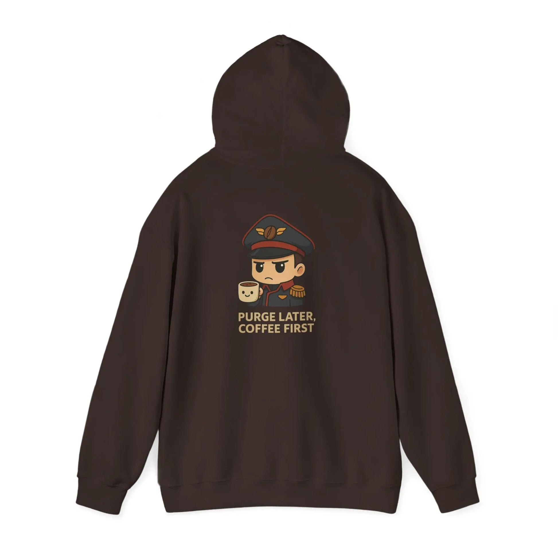 Grimdark Coffee Heavy Blend Hoodie – Purge Later, Coffee First Printify