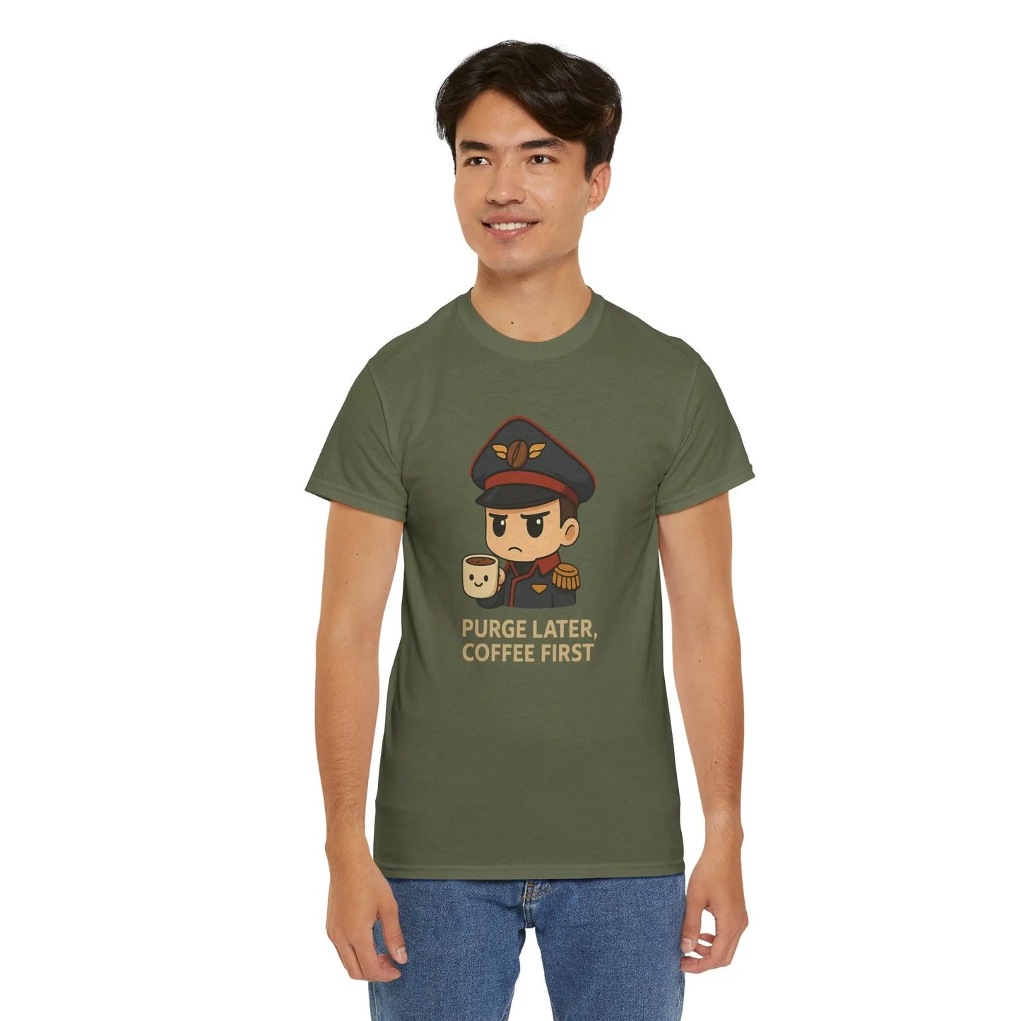 Person wearing a green t-shirt with a graphic design and text on a white background