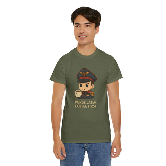Person wearing a green t-shirt with a graphic design and text on a white background