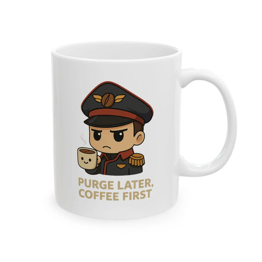 Grimdark Coffee Mug – Purge Later, Coffee First Printify