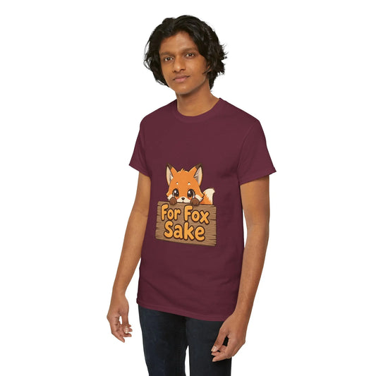 Person wearing a maroon t-shirt with a fox graphic and text on a white background