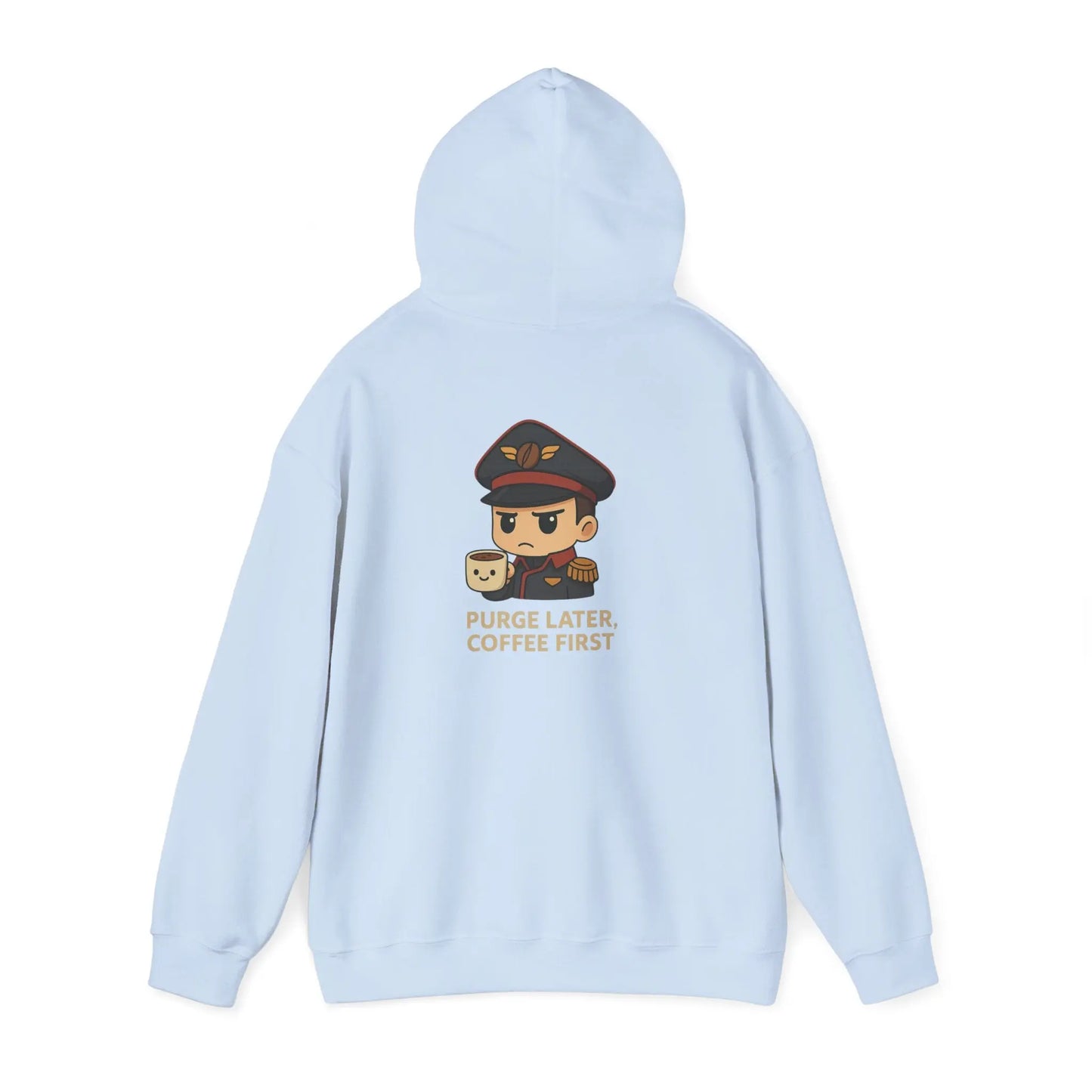 Grimdark Coffee Heavy Blend Hoodie – Purge Later, Coffee First Printify