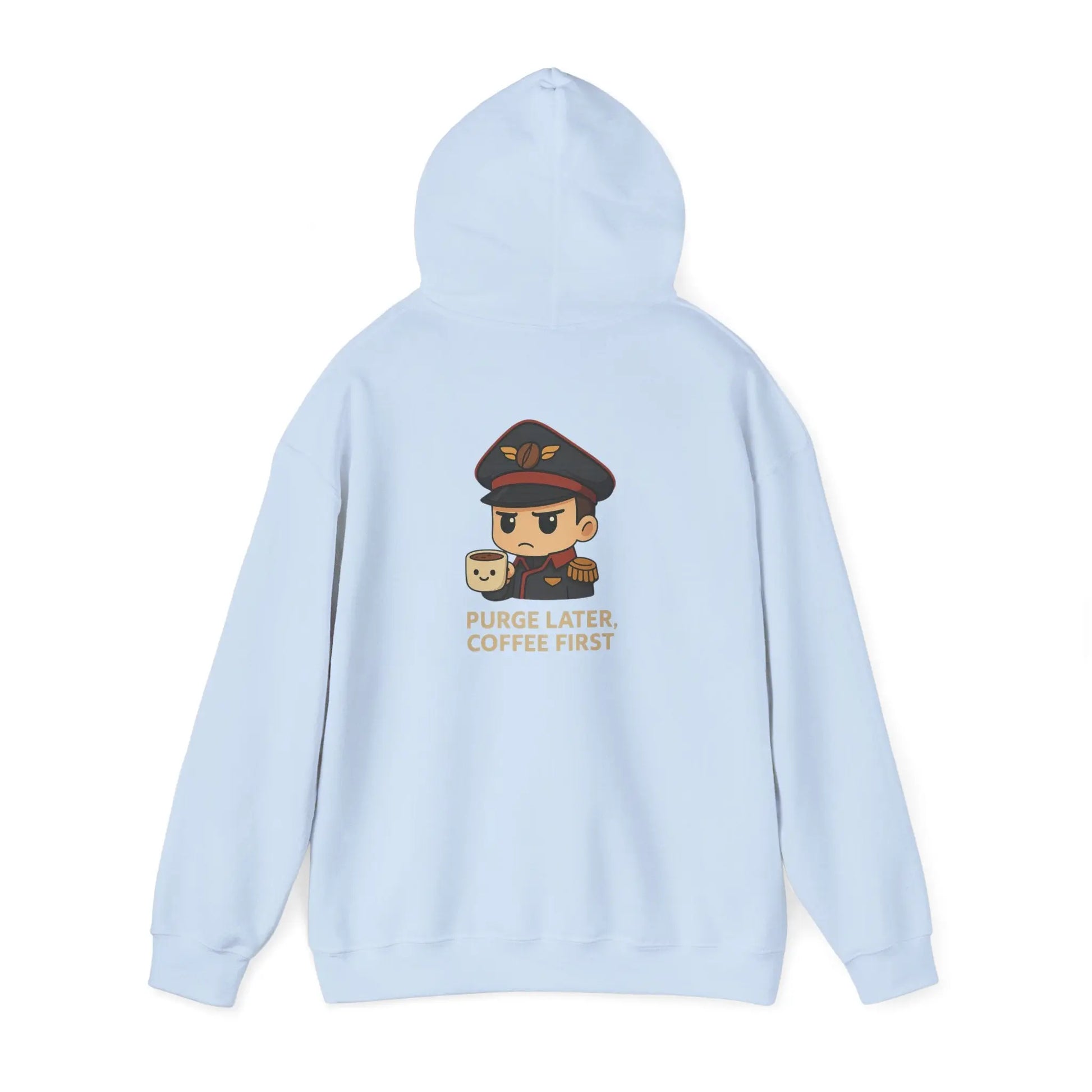 Grimdark Coffee Heavy Blend Hoodie – Purge Later, Coffee First Printify