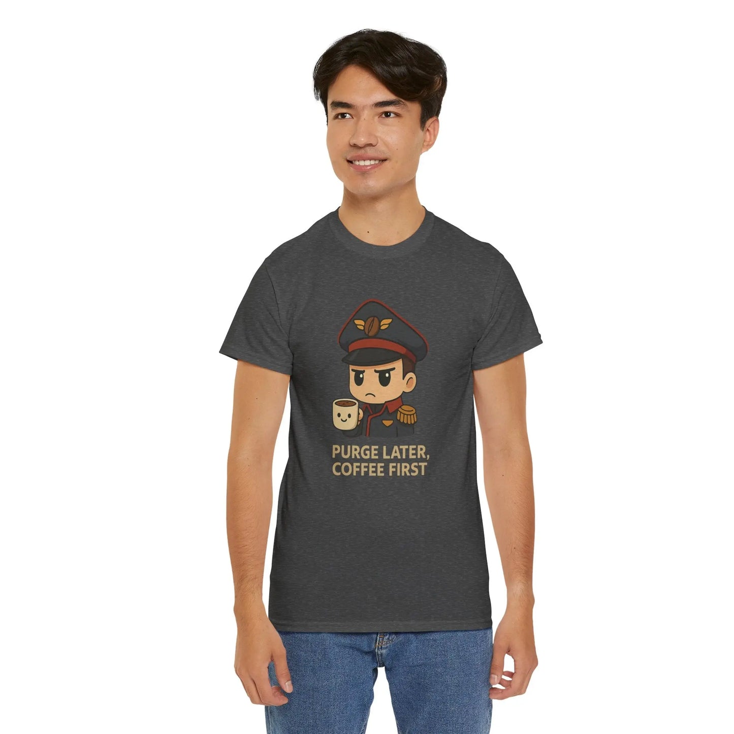 Grimdark Coffee Tee – Purge Later, Coffee First Printify