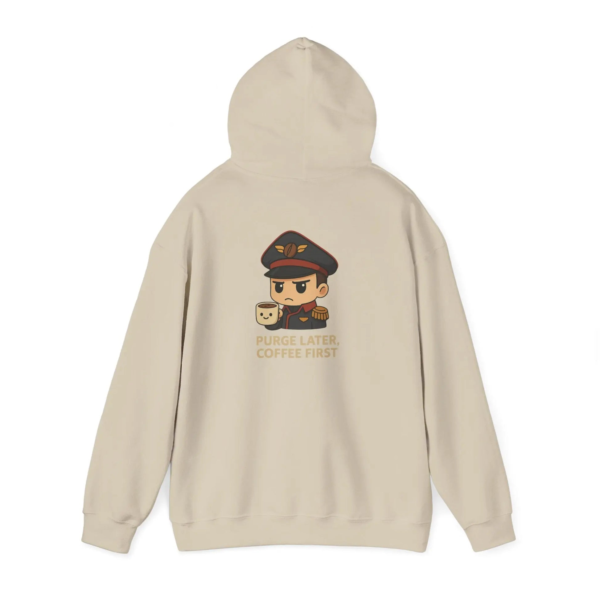 Grimdark Coffee Heavy Blend Hoodie – Purge Later, Coffee First Printify