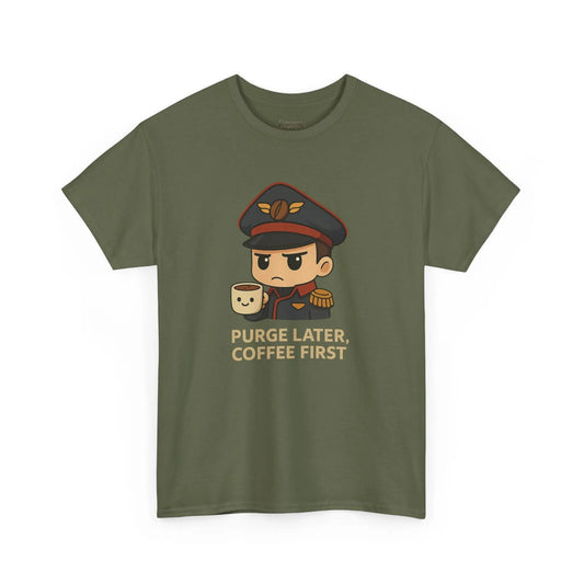 Grimdark Coffee Tee – Purge Later, Coffee First Printify