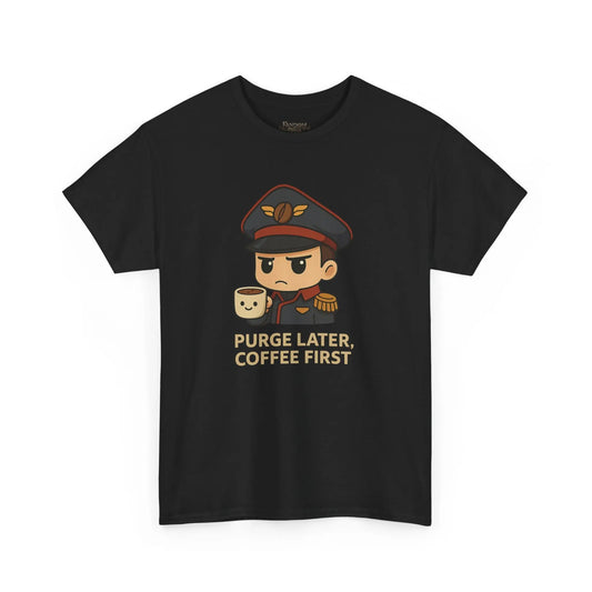 Grimdark Coffee Tee – Purge Later, Coffee First Printify