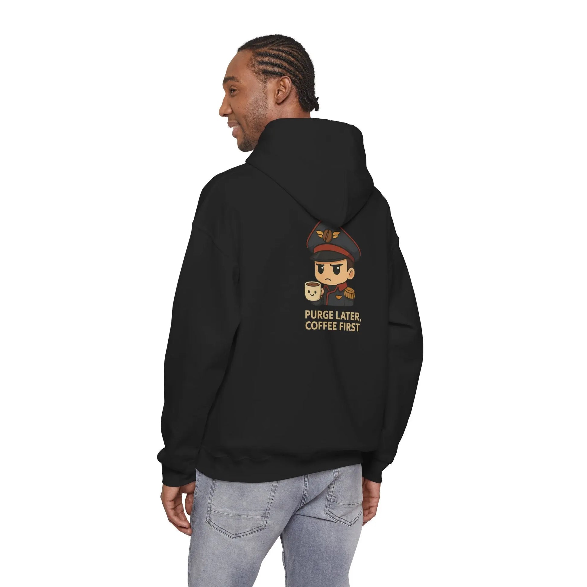 Grimdark Coffee Heavy Blend Hoodie – Purge Later, Coffee First Printify